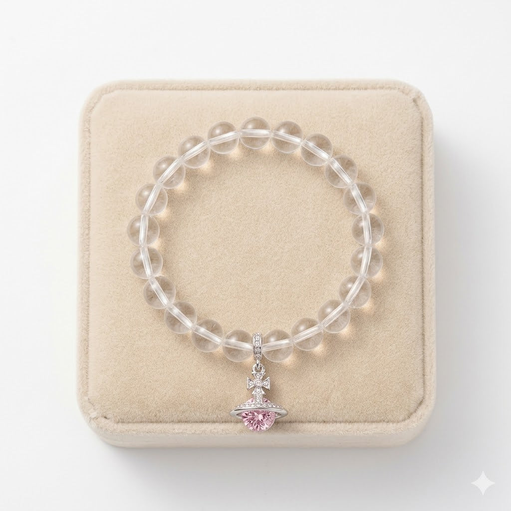 Natural Clear Quartz Crystal with Pink Planet Charm - Pure Energy & Divine Love Jewelry