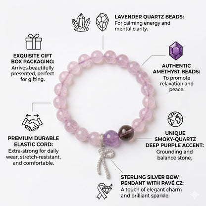 Lavender Amethyst & Smoky Quartz Healing Bracelet - Sparkling Bowknot Charm - Stress Relief, Intuition & Spiritual Alignment Jewelry