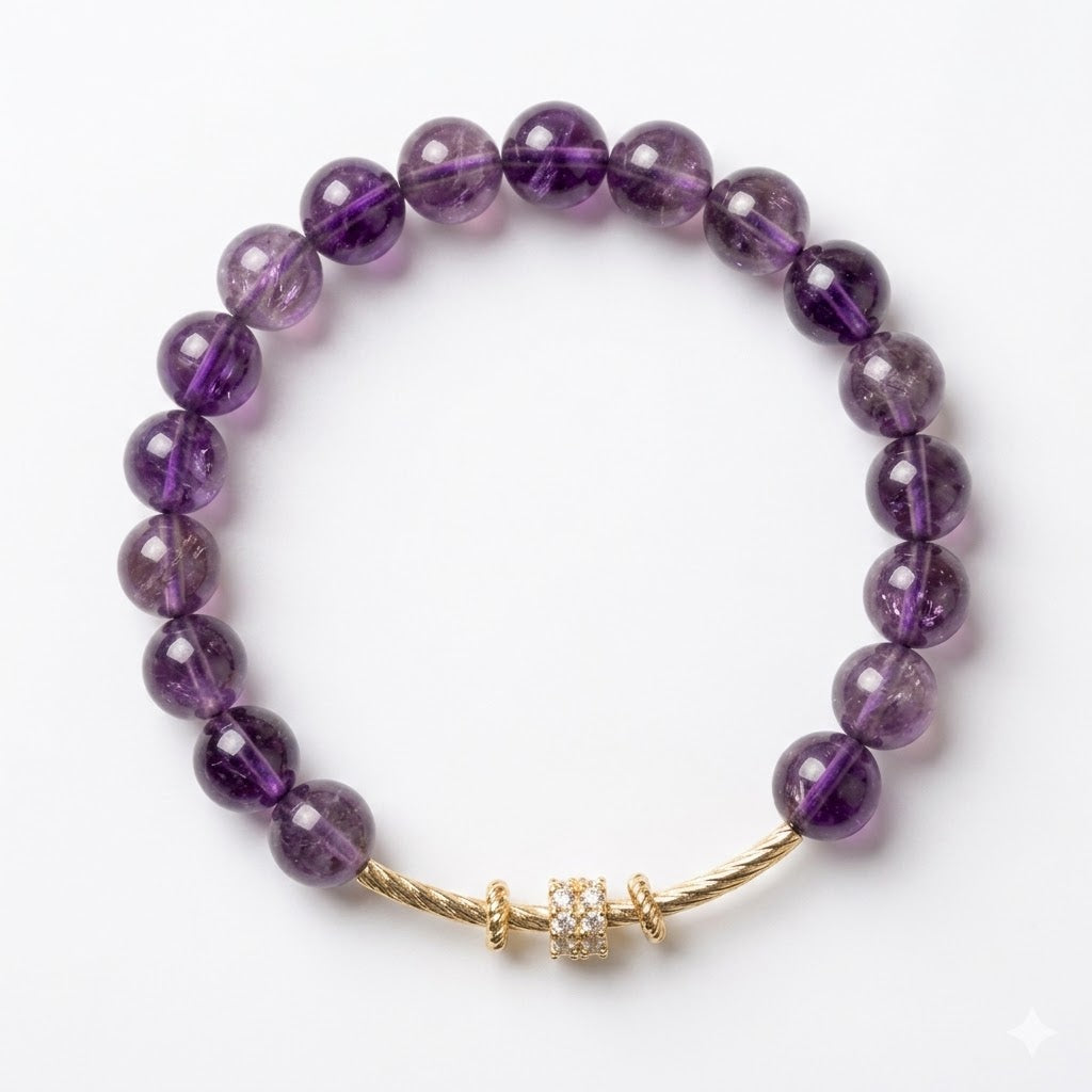Natural Deep Purple Amethyst Crystal with Elegant Curved Gold Bar & Pave Accent - Crown Chakra Healing Jewelry