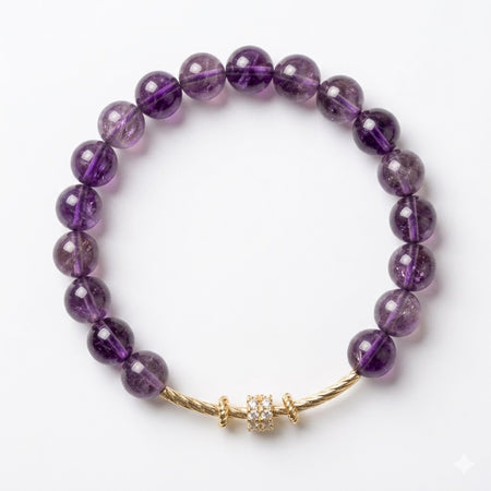 Natural Deep Purple Amethyst Crystal with Elegant Curved Gold Bar & Pave Accent - Crown Chakra Healing Jewelry