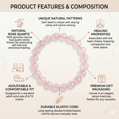 Natural Rose Quartz Bracelet - Pure Crystal Core for Unconditional Love, Emotional Healing & Self-Care - Minimalist Heart Chakra Jewelry