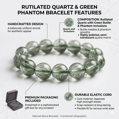 Natural Green Rutilated Quartz Bracelet - Pure Crystal Core for Prosperity, Stress Relief & Heart Chakra Balanc
