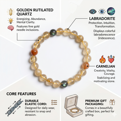 Natural Golden Rutilated Quartz, Luminous Labradorite & Red Super Seven - Abundance, Magic & Protection Talisman
