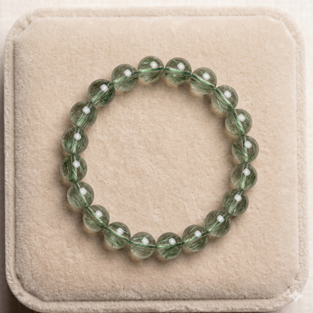 Natural Green Rutilated Quartz Bracelet - Pure Crystal Core for Prosperity, Stress Relief & Heart Chakra Balanc