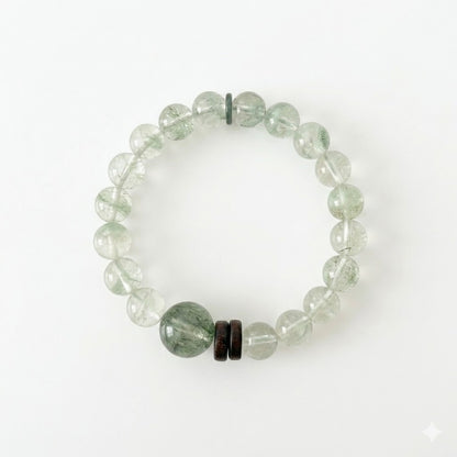 Genuine Green Phantom Quartz Bracelet with Wood Spacers | Crystals for Abundance, Wealth Manifestation & Career Growth
