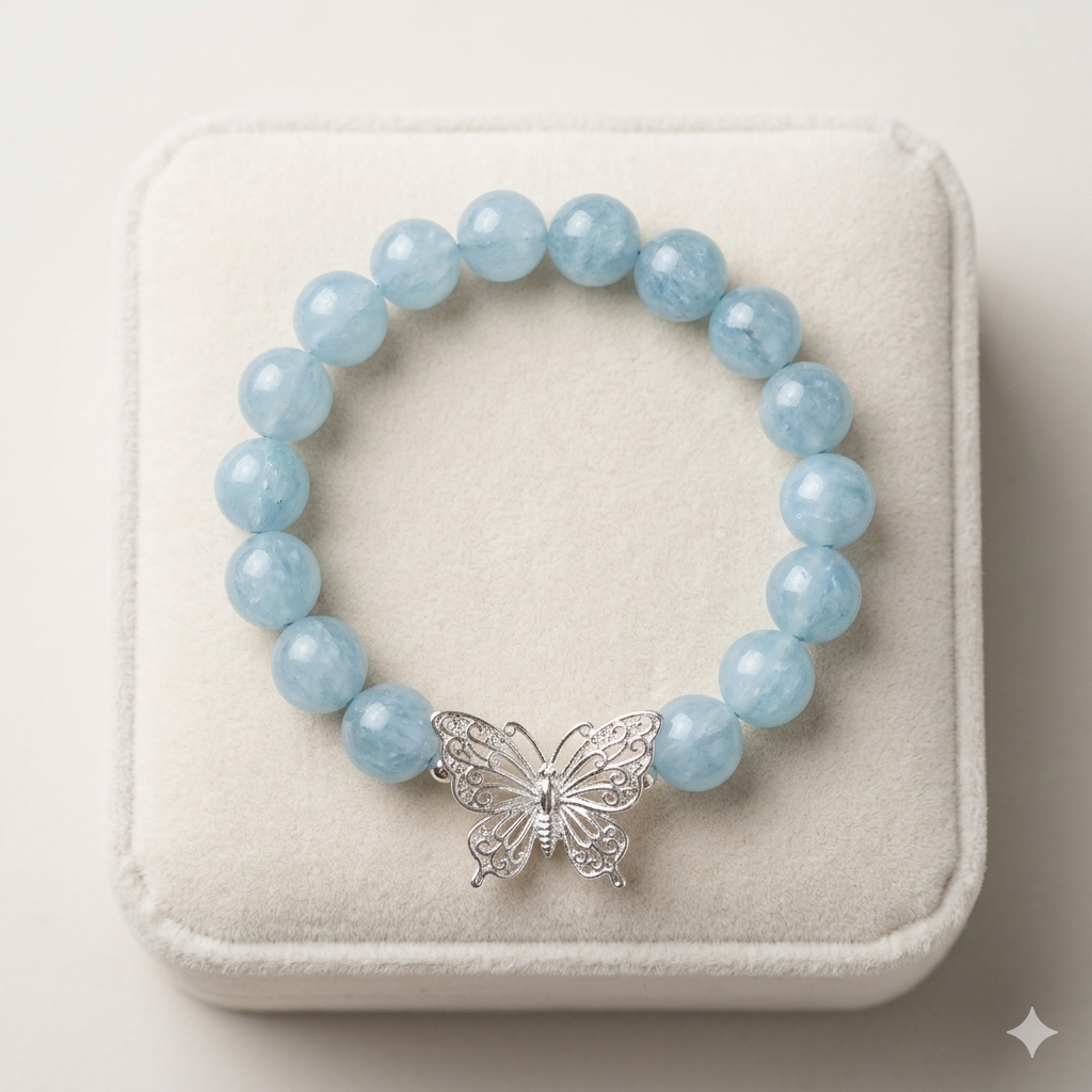 Natural Aquamarine Beaded Bracelet with Silver Butterfly Charm