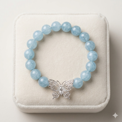 Natural Aquamarine Beaded Bracelet with Silver Butterfly Charm