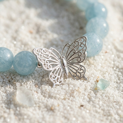 Natural Aquamarine Beaded Bracelet with Silver Butterfly Charm