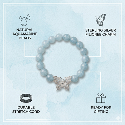 Natural Aquamarine Beaded Bracelet with Silver Butterfly Charm