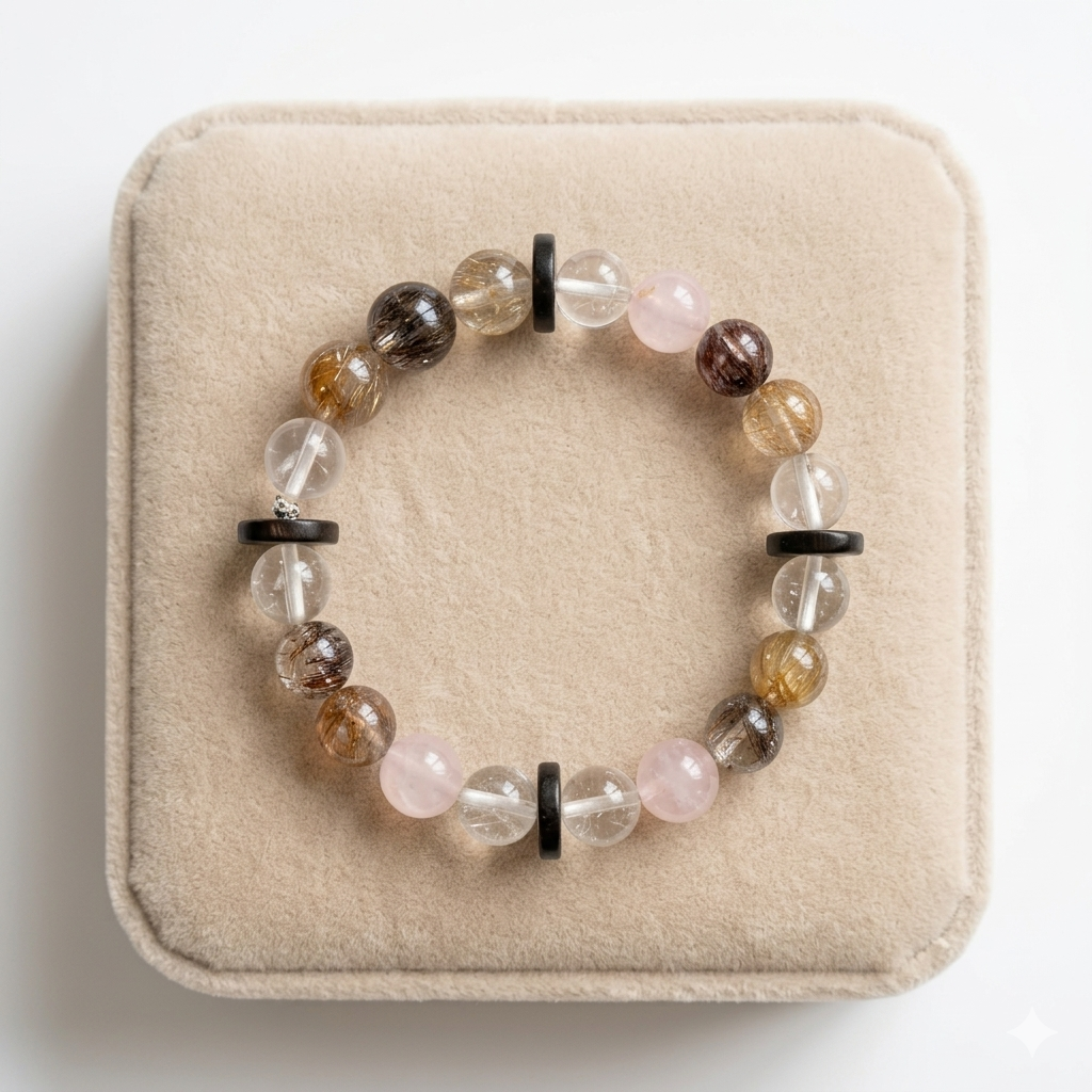 AuraGems Mixed Rutilated & Rose Quartz Crystal Bracelet for Wealth Manifestation