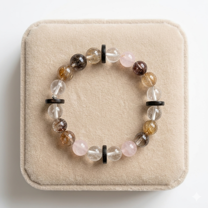 AuraGems Mixed Rutilated & Rose Quartz Crystal Bracelet for Wealth Manifestation