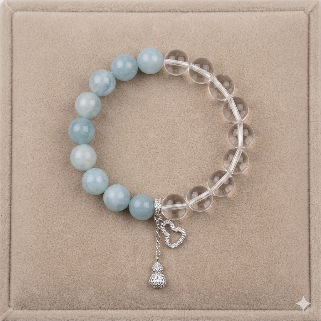 Natural Aquamarine & Clear Quartz Crystal with Gourd & Heart Charm - Good Fortune, Calm & Aura Cleansing Jewelry
