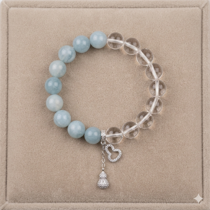 Natural Aquamarine & Clear Quartz Crystal with Gourd & Heart Charm - Good Fortune, Calm & Aura Cleansing Jewelry