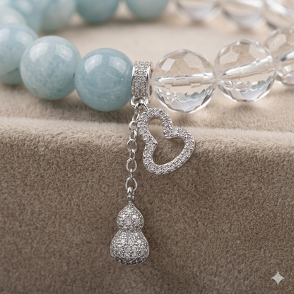 Natural Aquamarine & Clear Quartz Crystal with Gourd & Heart Charm - Good Fortune, Calm & Aura Cleansing Jewelry