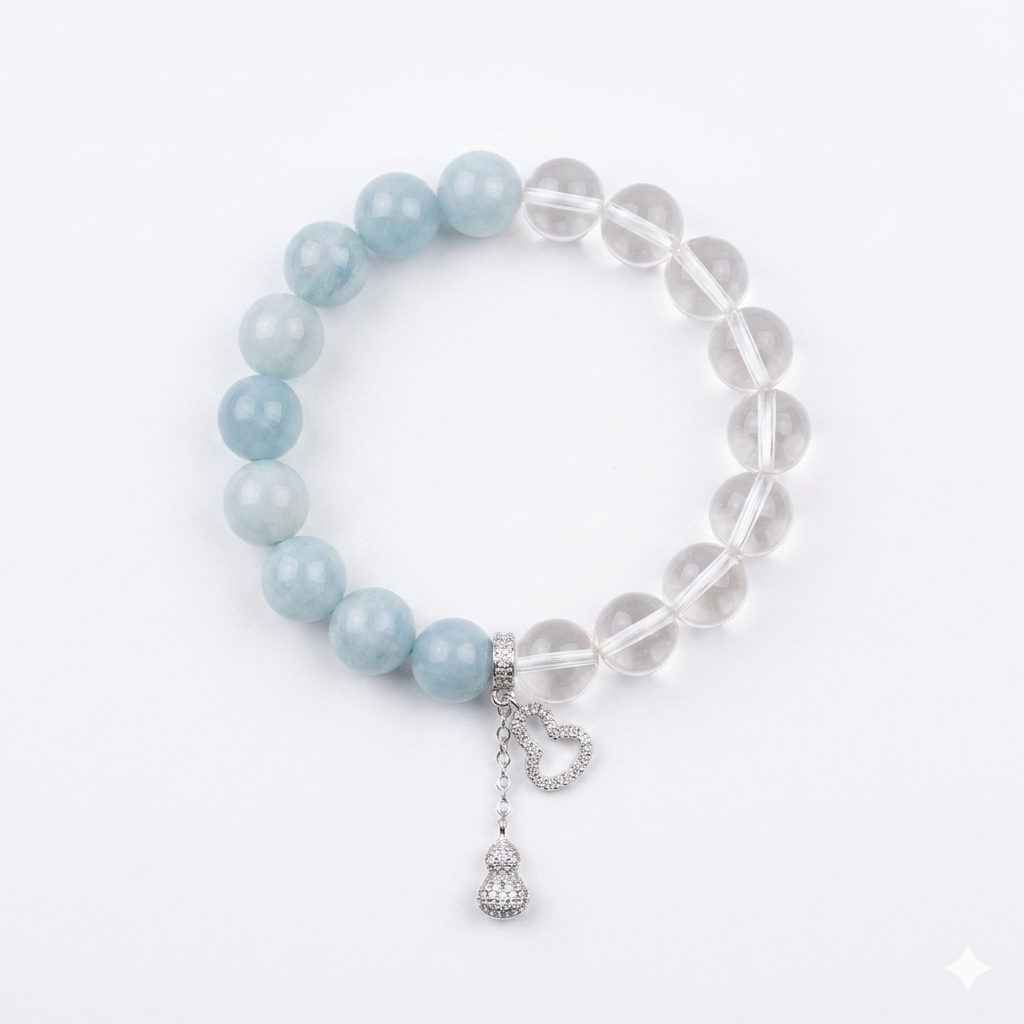Natural Aquamarine & Clear Quartz Crystal with Gourd & Heart Charm - Good Fortune, Calm & Aura Cleansing Jewelry