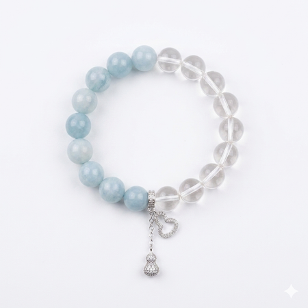 Natural Aquamarine & Clear Quartz Crystal with Gourd & Heart Charm - Good Fortune, Calm & Aura Cleansing Jewelry