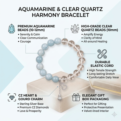 Natural Aquamarine & Clear Quartz Crystal with Gourd & Heart Charm - Good Fortune, Calm & Aura Cleansing Jewelry