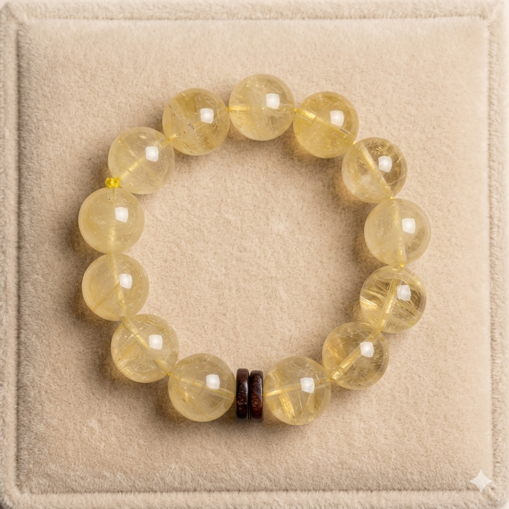 Natural Golden Rutilated Quartz with Earthy Wood Accents - Wealth, Abundance & Solar Plexus Chakra Healing Jewelry