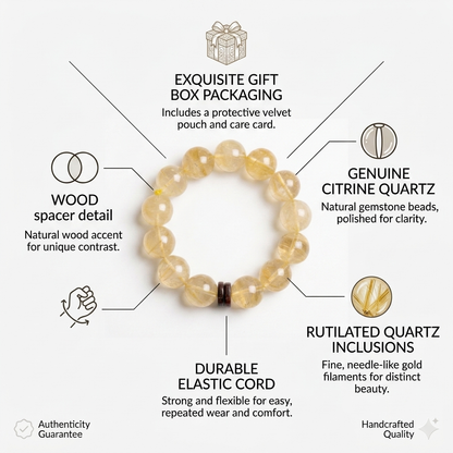 Natural Golden Rutilated Quartz with Earthy Wood Accents - Wealth, Abundance & Solar Plexus Chakra Healing Jewelry