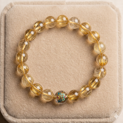 Natural Golden Rutilated Quartz with Cloisonné Enamel Butterfly Charm - Abundance, Transformation & Solar Plexus Chakra Jewelry