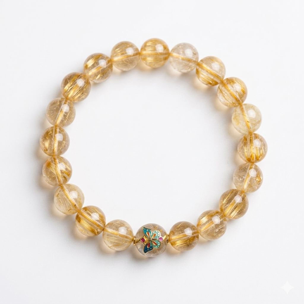 Natural Golden Rutilated Quartz with Cloisonné Enamel Butterfly Charm - Abundance, Transformation & Solar Plexus Chakra Jewelry