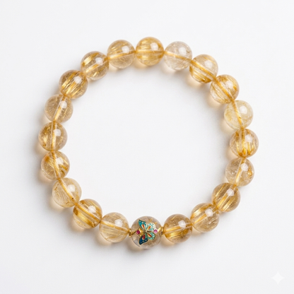 Natural Golden Rutilated Quartz with Cloisonné Enamel Butterfly Charm - Abundance, Transformation & Solar Plexus Chakra Jewelry