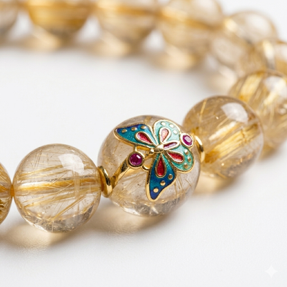 Natural Golden Rutilated Quartz with Cloisonné Enamel Butterfly Charm - Abundance, Transformation & Solar Plexus Chakra Jewelry