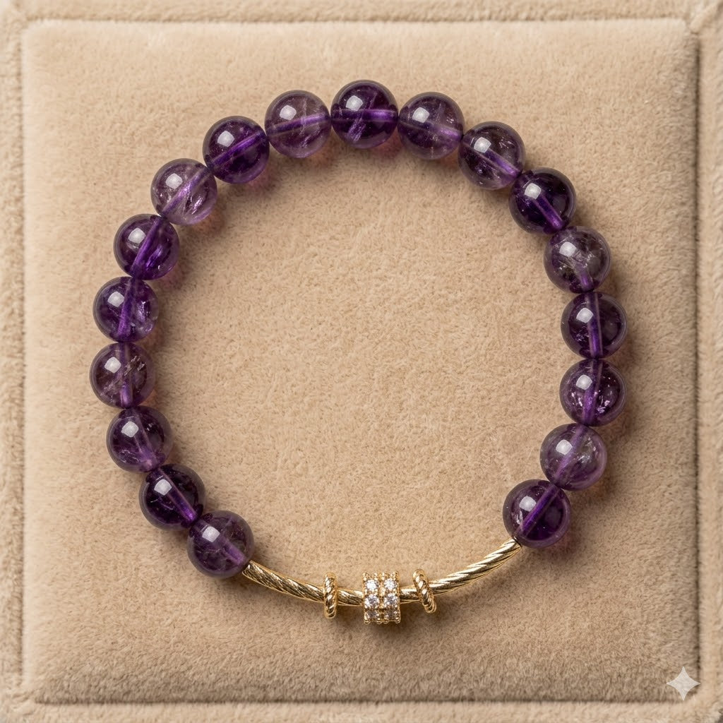 Natural Deep Purple Amethyst Crystal with Elegant Curved Gold Bar & Pave Accent - Crown Chakra Healing Jewelry