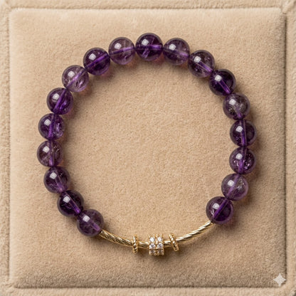 Natural Deep Purple Amethyst Crystal with Elegant Curved Gold Bar & Pave Accent - Crown Chakra Healing Jewelry