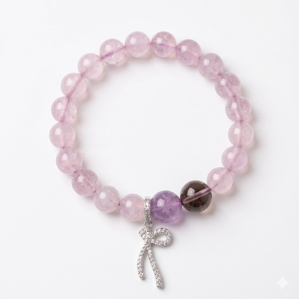 Lavender Amethyst & Smoky Quartz Healing Bracelet - Sparkling Bowknot Charm - Stress Relief, Intuition & Spiritual Alignment Jewelry