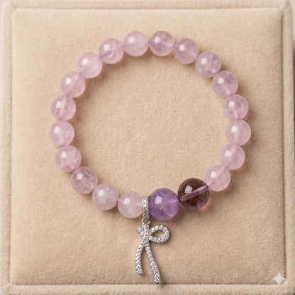 Lavender Amethyst & Smoky Quartz Healing Bracelet - Sparkling Bowknot Charm - Stress Relief, Intuition & Spiritual Alignment Jewelry